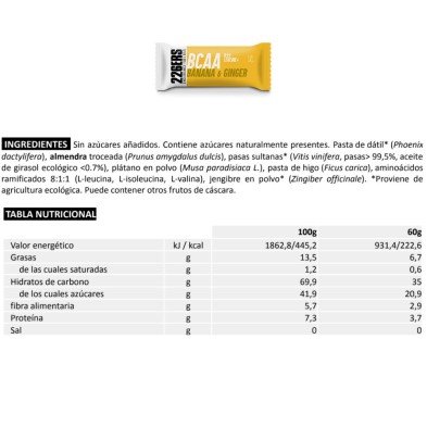 Barrita 226ers Endurance fuel bar BCAA'S banana ginger tabla nutricional
