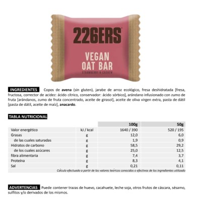 Barrita Vegan Oat (fresa y anacardos) strawberry & cashew composición e ingredientes