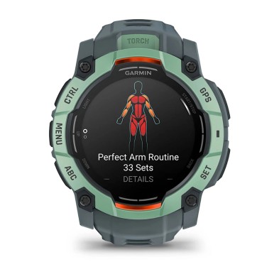 Reloj de avenutra Multideporte Garmin Instinct 3 Amoled 50mm Verde con correa gris rutinas de gimnasio