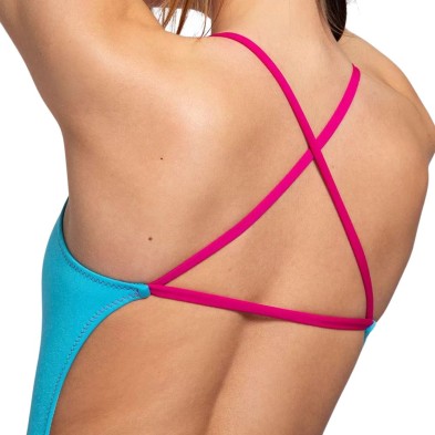 Bañador de natación Turbo Comfort Cross mujer Celeste detalle tirantes finos