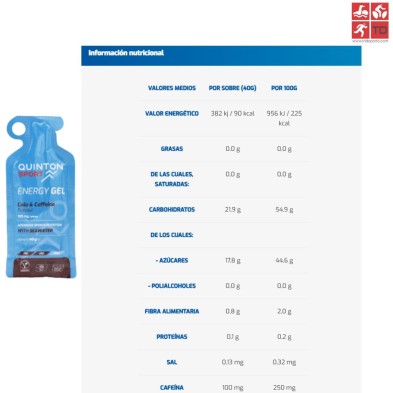 Gel energético 40 g Quinton Sport sabor cola con cafeína tabla nutricional