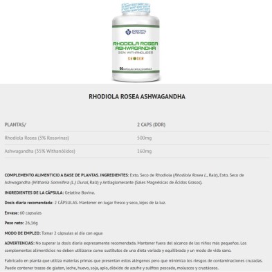 Scientiffic Nutrition Rhodiola Rosea y Ashwagandha 60 cápsulas tabla nutricional