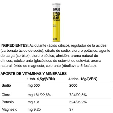 Hydrazero Effervescent Limon tabla nutricional