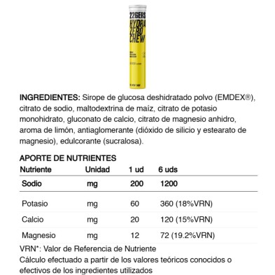 226ers Hydrazero Chew Salts Lemon comprimidos masticables tabla nutricional