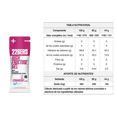 226ers High Fructose Gel XS 44g Fresa tabla nutricional