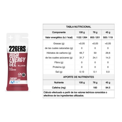 226ers High Energy Gel XS 45g Cereza con cafeína tabla nutricional