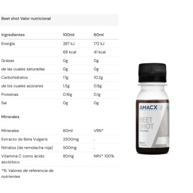 Amacx Beet shot bebida de remolacha tabla nutricional