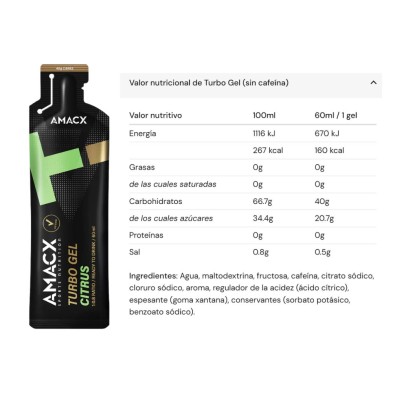 Gel energético Amacx Turbo Gel Citrus tabla nutricional