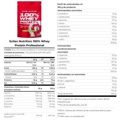 Scitec Nutrition 100% Whey Protein Professional 500gr Pistacho y Chocolate Blanco tabla nutricional