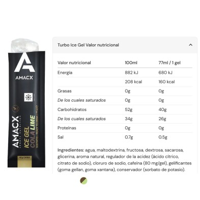 Gel energético Amacx Turbo Ice Gel Cola Lime tabla nutricional