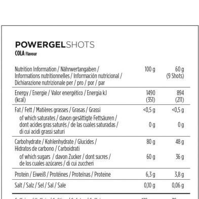 Gominolas Power Gel Shots PowerBar Cola Cafeína composición