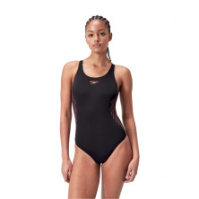Bañador de natación Speedo Placement Muscleback Swimsuit negro con diseño gráfico con líneas rojas y moradas