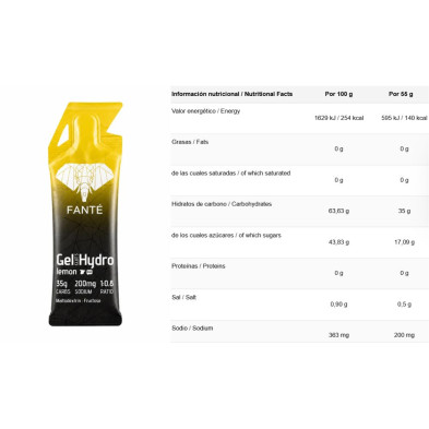 Gel energético Fanté Hydro 35 Glut 5 Limited Edition Limón tabla nutricional